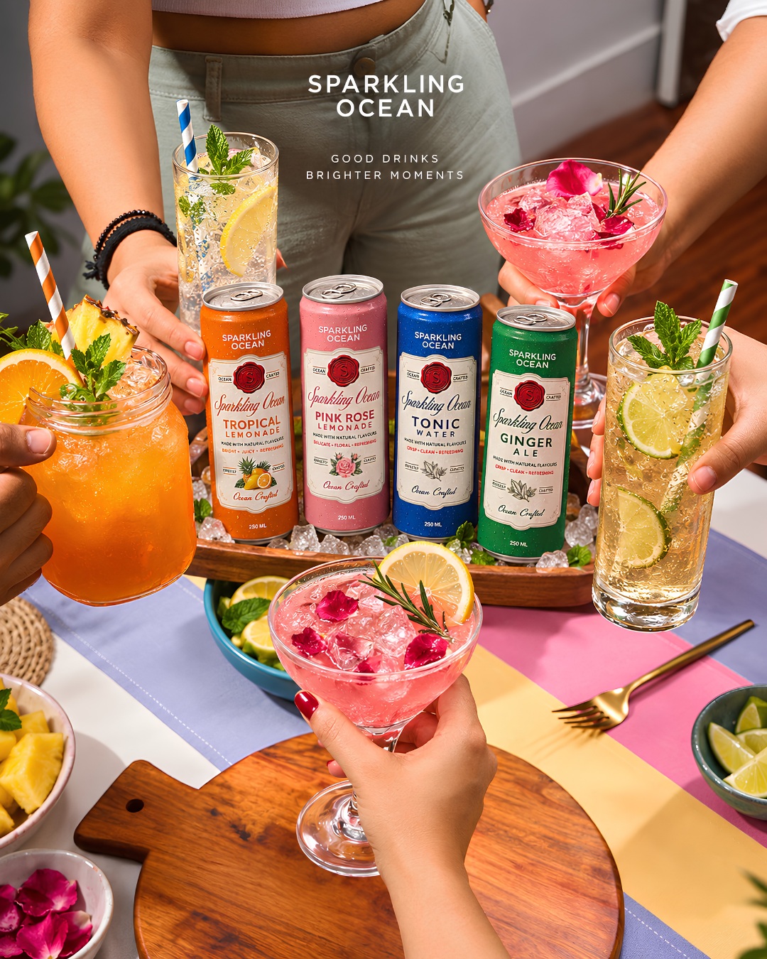 The Sparkling Ocean range: orange Tropical Lemonade, pink Pink Rose Lemonade, blue Tonic Water and green Ginger Ale, served with colourful drinks
